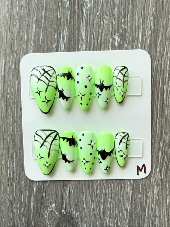 Handmade Other - Neon Green Halloween Bat & Spiderweb Press-On Nails for Women